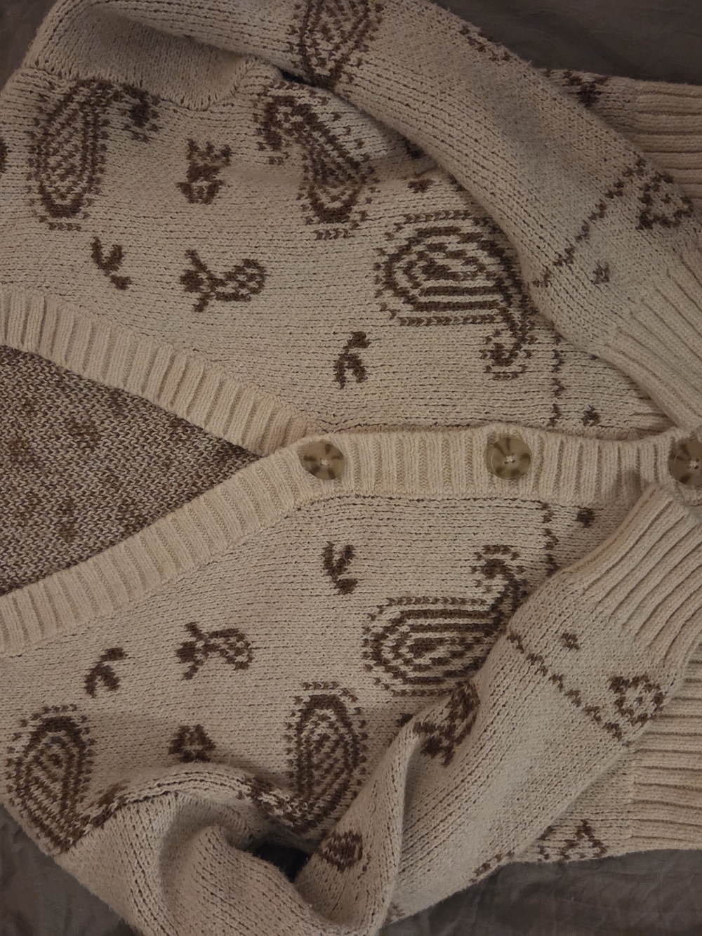 American Eagle Outfitters Cream and Brown Paisley Knit Cardigan